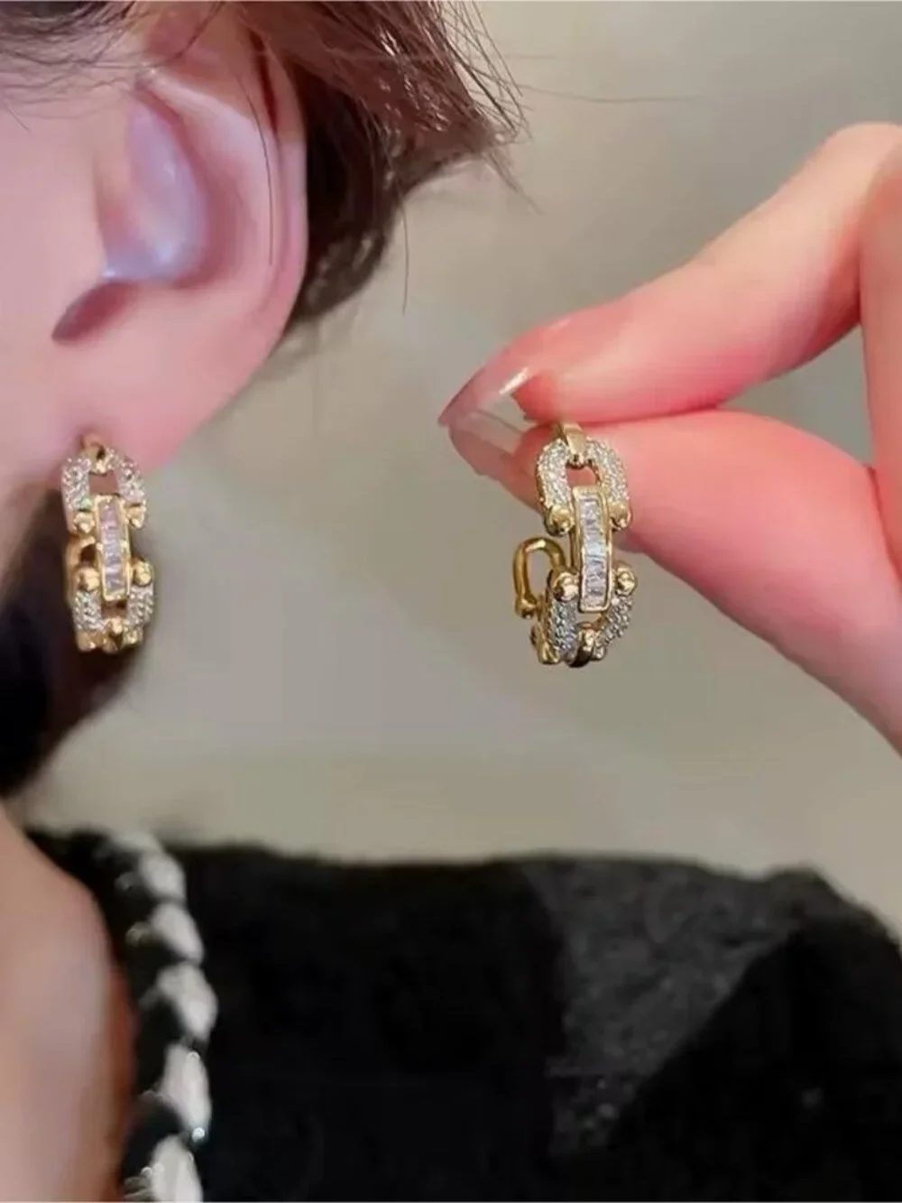 Gold Crystal Link Huggie Earrings